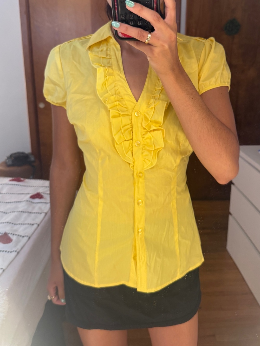 TUSCANY YEAR 2000s SUMMER Yellow Ruffle-Front Short Sleeve Blouse